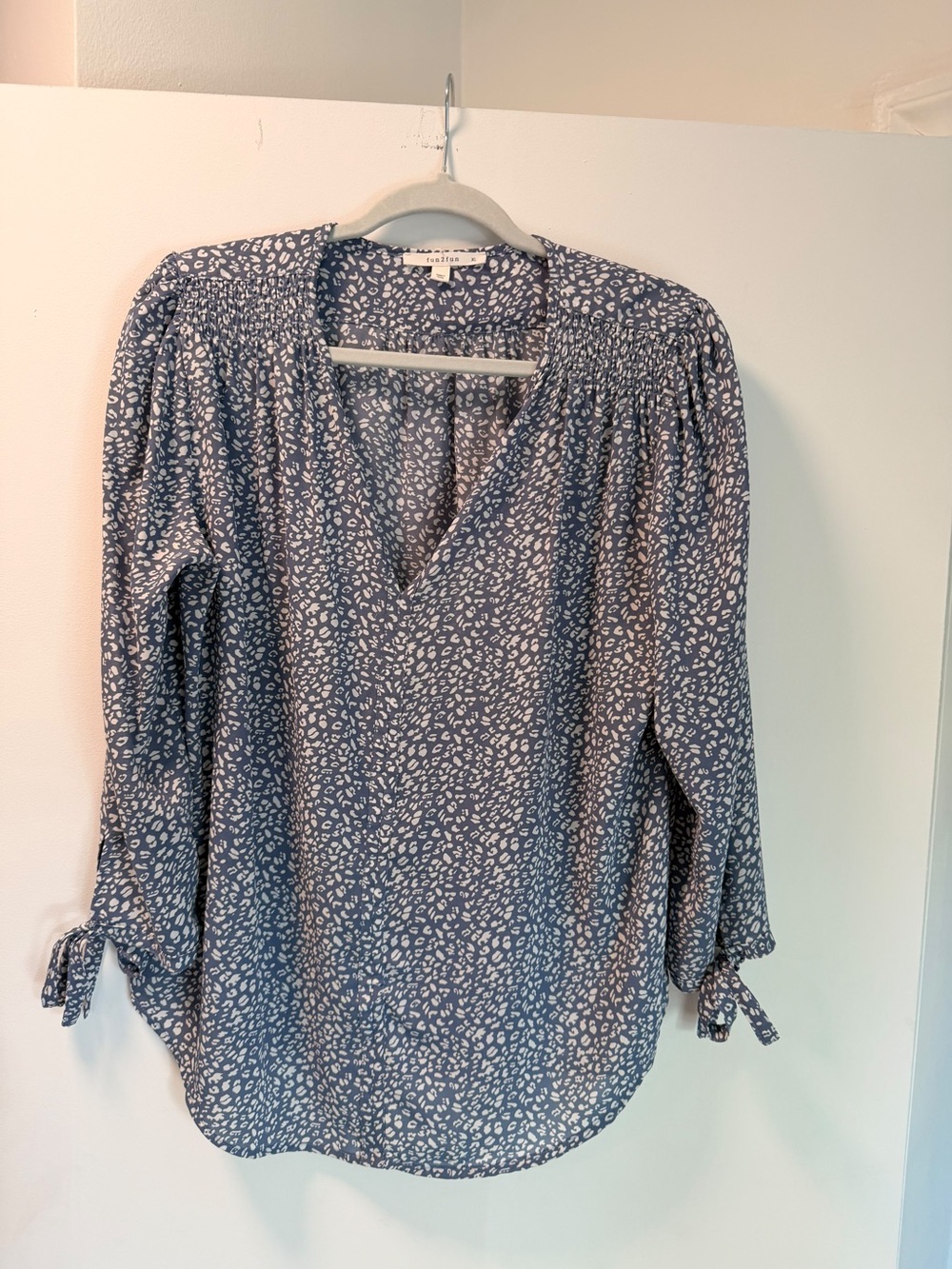fun 2 fun Blue and White Printed V-Neck Blouse with Sleeve Ties